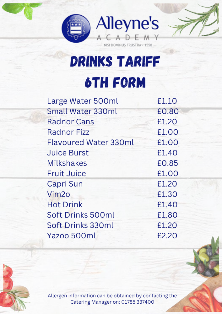 Drinks Tariff (Sixth Form Cafe)